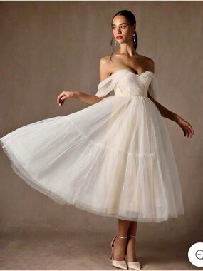 Azazie Ivory Off-Shoulder Midi Tulle Dress